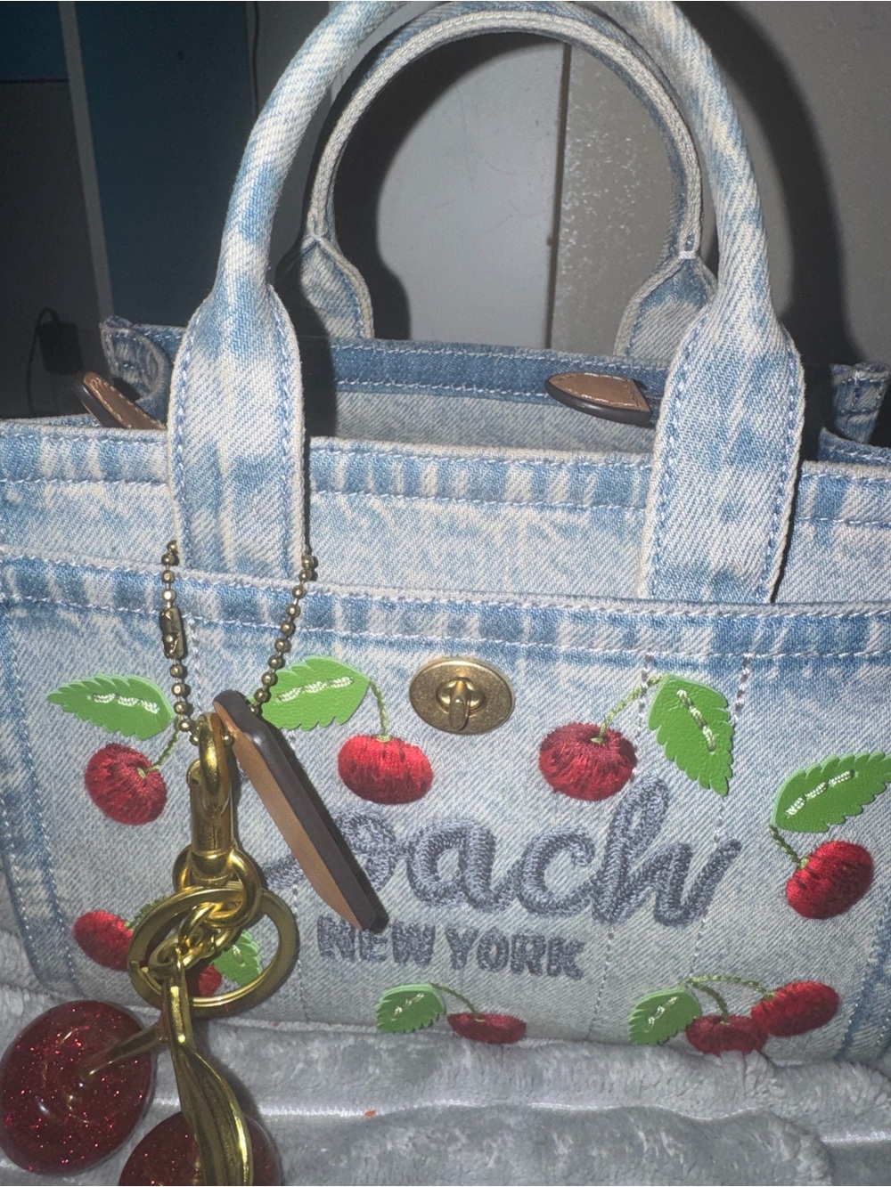 Coach New York Light Blue Denim Cherry Embroidered small Tote